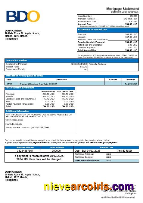 Philippines BDO mortgage statement in Word and PDF format